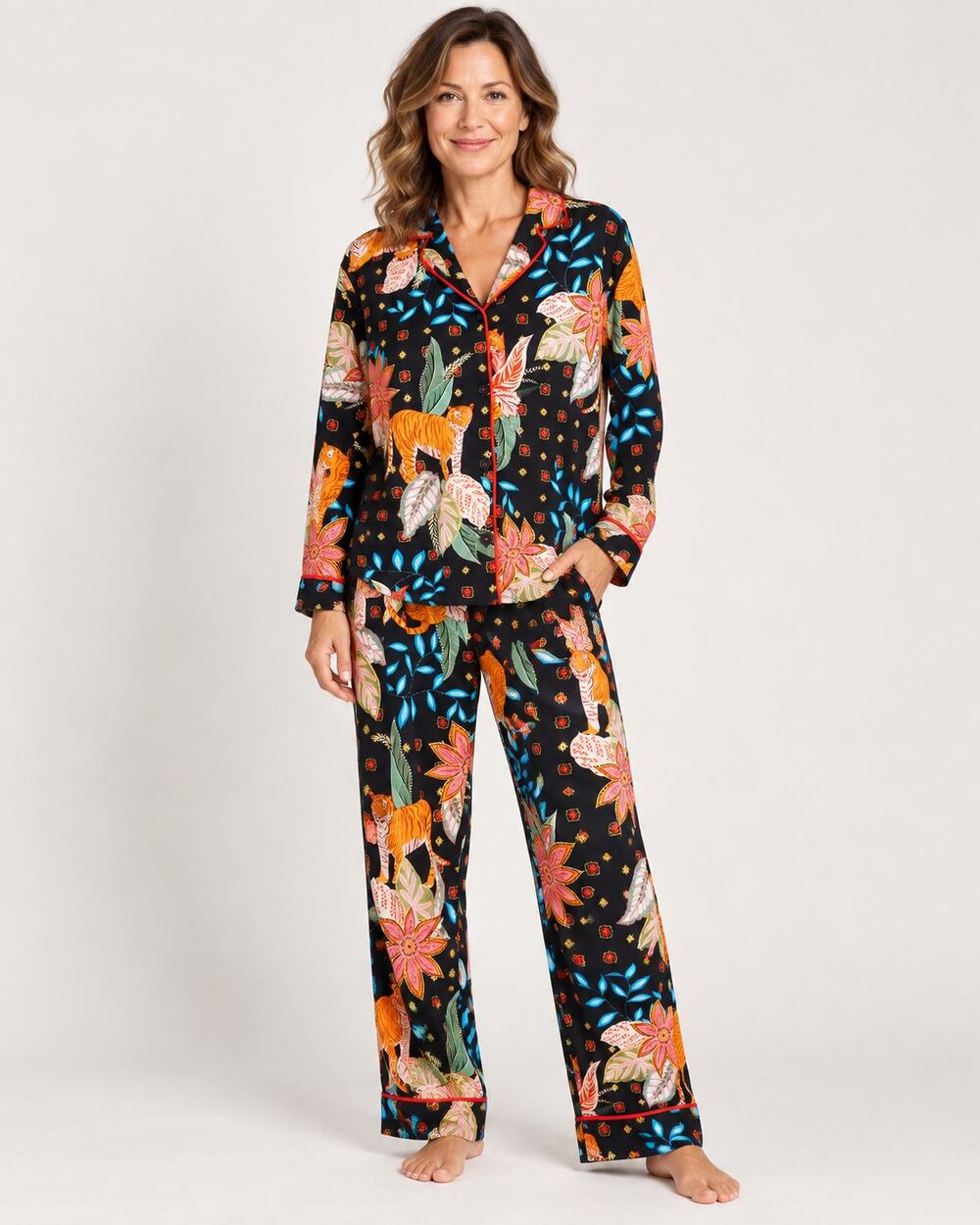 Room Service Tiger Floral Pajama Set XL Black Lounge Set 46" Bust